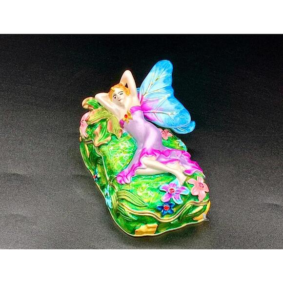 Reclining Fairy Garden Trinket Box Enamel Hinged Keepsake Jewelry Box